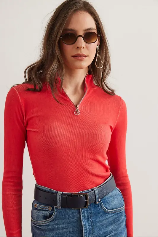 Women's Washed Coral Zippered Turtleneck Lycra Blouse BLZ-19001155-Washed Coral - 11