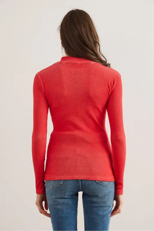 Women's Washed Coral Zippered Turtleneck Lycra Blouse BLZ-19001155-Washed Coral - 3