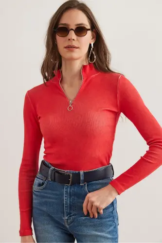 Women's Washed Coral Zippered Turtleneck Lycra Blouse BLZ-19001155-Washed Coral - 5