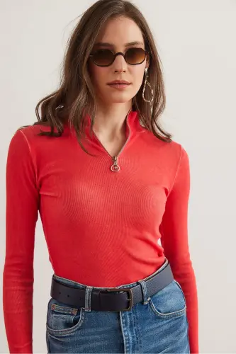 Women's Washed Coral Zippered Turtleneck Lycra Blouse BLZ-19001155-Washed Coral - 6