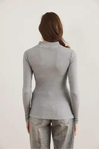 Women's Washed Gray Zippered Turtleneck Lycra Blouse BLZ-19001155-Washed Gray - 8