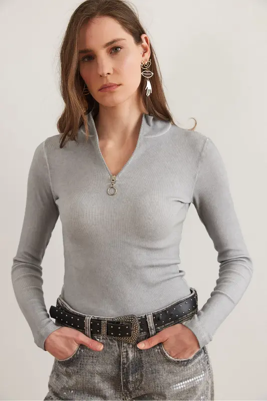 Women's Washed Gray Zippered Turtleneck Lycra Blouse BLZ-19001155-Washed Gray - 9