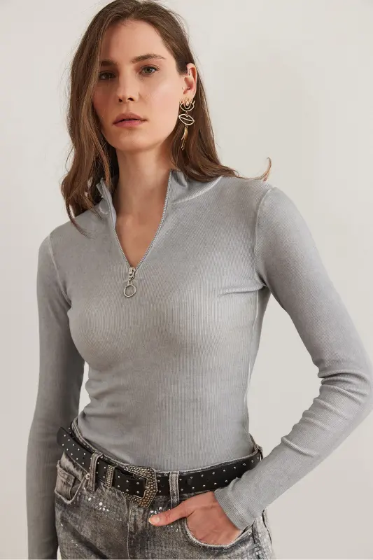 Women's Washed Gray Zippered Turtleneck Lycra Blouse BLZ-19001155-Washed Gray - 10