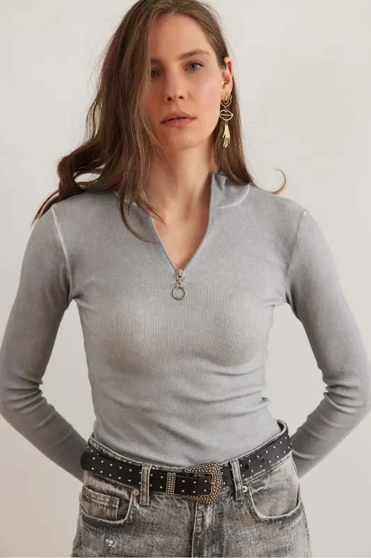 Women's Washed Gray Zippered Turtleneck Lycra Blouse BLZ-19001155-Washed Gray - 2