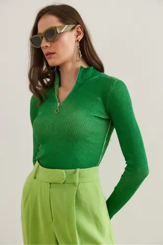 Women's Washed Green Zippered Turtleneck Lycra Blouse BLZ-19001155-Washed Green 