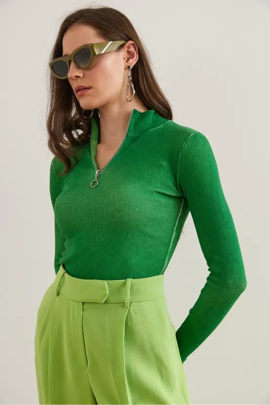 Women's Washed Green Zippered Turtleneck Lycra Blouse BLZ-19001155-Washed Green - OLALOOK