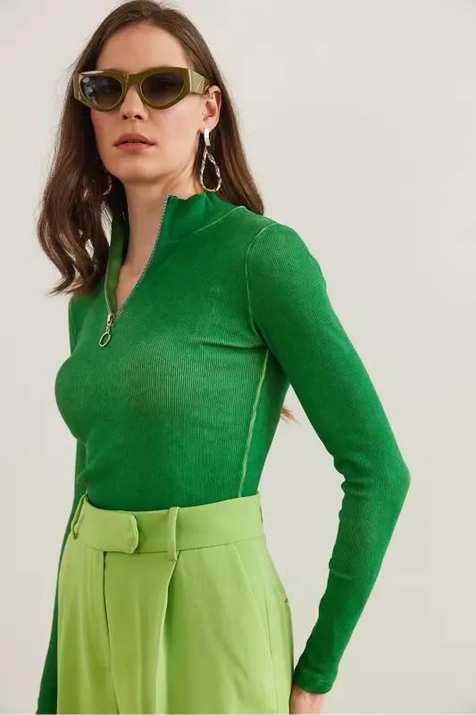 Women's Washed Green Zippered Turtleneck Lycra Blouse BLZ-19001155-Washed Green - 2