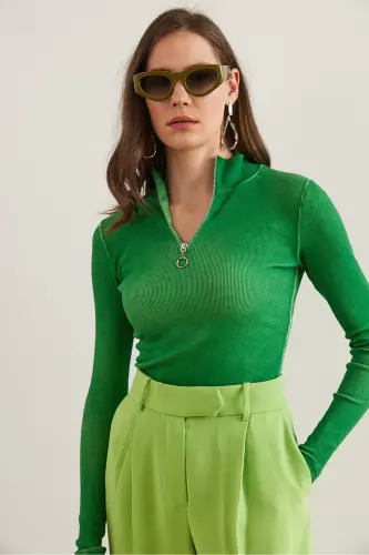 Women's Washed Green Zippered Turtleneck Lycra Blouse BLZ-19001155-Washed Green - 6