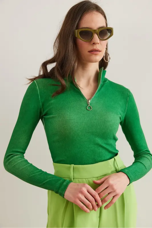 Women's Washed Green Zippered Turtleneck Lycra Blouse BLZ-19001155-Washed Green - 7