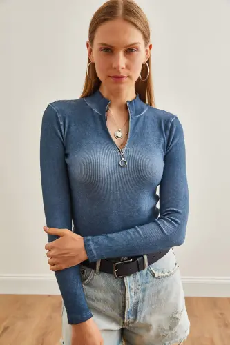 Women's Washed Indigo Zippered Fisherman Collar Lycra Blouse BLZ-19001155-Washed Indigo 