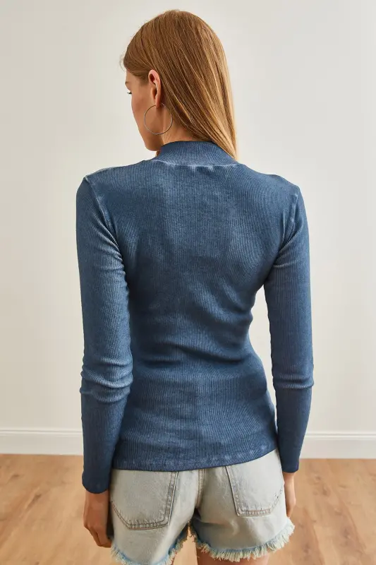 Women's Washed Indigo Zippered Fisherman Collar Lycra Blouse BLZ-19001155-Washed Indigo - 7