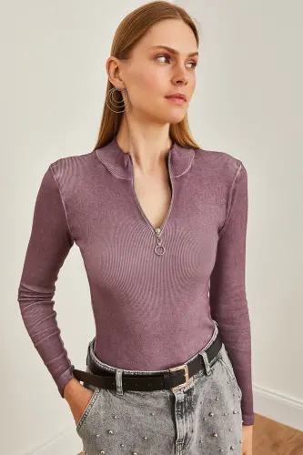 Women's Washed Purple Zippered Turtleneck Lycra Blouse BLZ-19001155-Washed Purple 