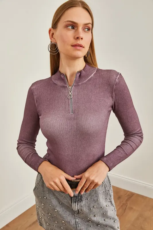 Women's Washed Purple Zippered Turtleneck Lycra Blouse BLZ-19001155-Washed Purple - 6