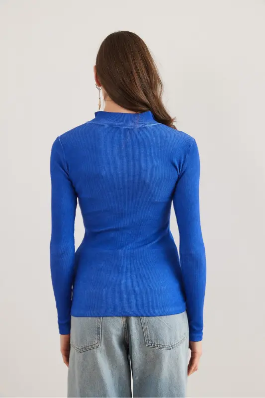 Women's Washed Sax Blue Zippered Turtleneck Lycra Blouse BLZ-19001155-Washed Sax Blue - 8