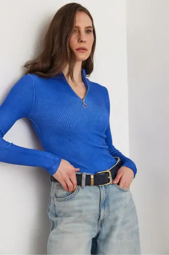 Women's Washed Sax Blue Zippered Turtleneck Lycra Blouse BLZ-19001155-Washed Sax Blue - 12