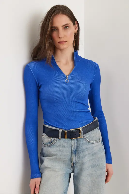 Women's Washed Sax Blue Zippered Turtleneck Lycra Blouse BLZ-19001155-Washed Sax Blue - 3