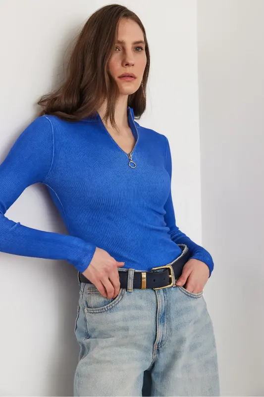 Women's Washed Sax Blue Zippered Turtleneck Lycra Blouse BLZ-19001155-Washed Sax Blue - 6