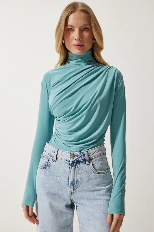 Women's Water Green Gathered Detailed Stand-up Collar Sandy Blouse FF00135-Water Green - 1