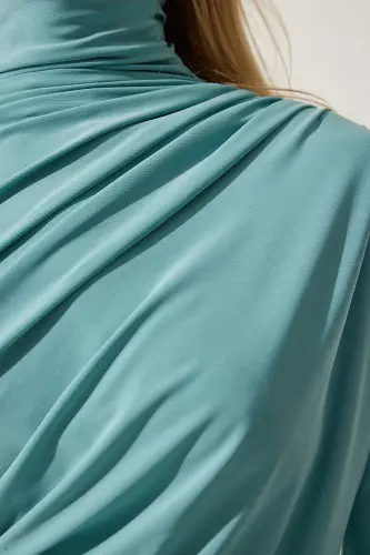 Women's Water Green Gathered Detailed Stand-up Collar Sandy Blouse FF00135-Water Green - 4