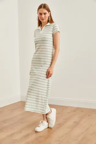 Women's Water Green Polo Neck Striped Lycra Dress ELB-19002045-Water Green - 9