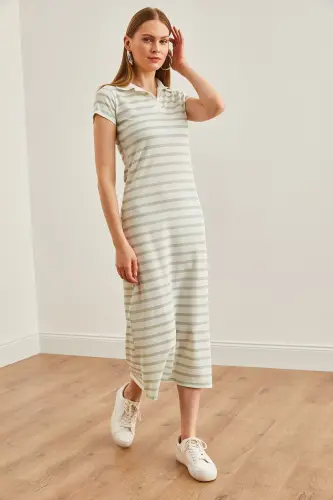 Women's Water Green Polo Neck Striped Lycra Dress ELB-19002045-Water Green - 11