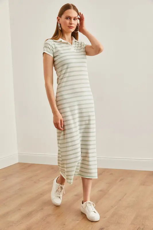 Women's Water Green Polo Neck Striped Lycra Dress ELB-19002045-Water Green - 11