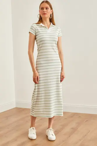 Women's Water Green Polo Neck Striped Lycra Dress ELB-19002045-Water Green - OLALOOK (1)