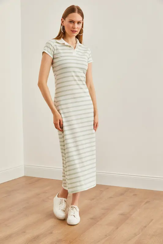 Women's Water Green Polo Neck Striped Lycra Dress ELB-19002045-Water Green - 3