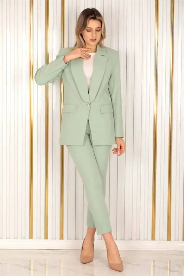 Women's Water Green Single Button Blazer Carrot Trousers Suit Dress Satin Fabric - 1
