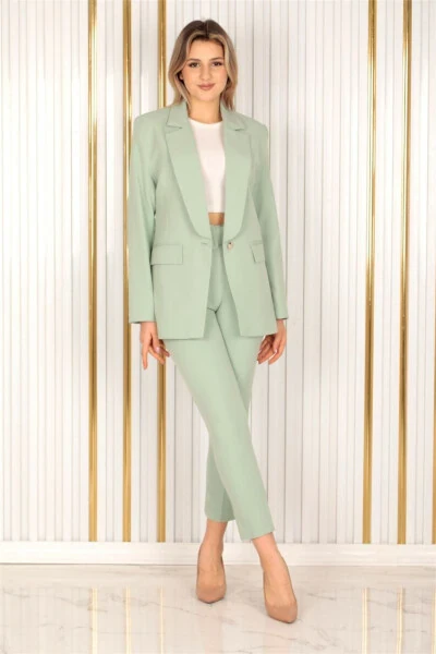 Women's Water Green Single Button Blazer Carrot Trousers Suit Dress Satin Fabric - Modazone (1)