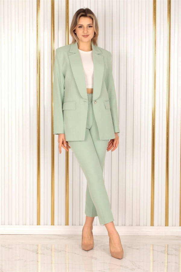 Women's Water Green Single Button Blazer Carrot Trousers Suit Dress Satin Fabric - 2