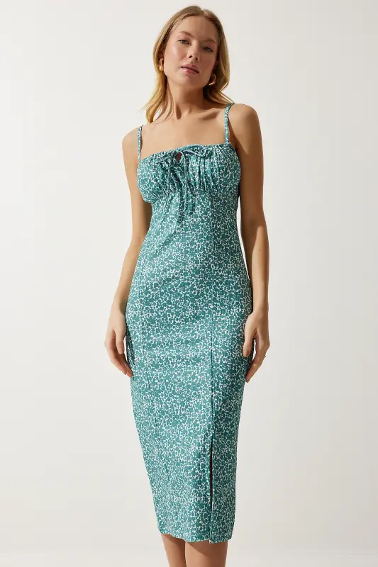 Women's Water Green White Floral Slit Summer Knitted Dress CI00029-Water Green White - 2