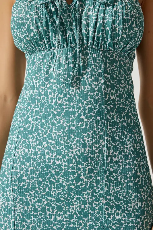 Women's Water Green White Floral Slit Summer Knitted Dress CI00029-Water Green White - 4