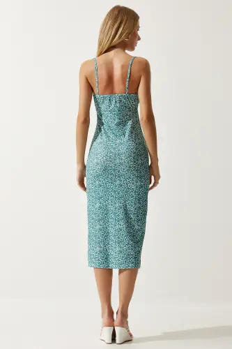Women's Water Green White Floral Slit Summer Knitted Dress CI00029-Water Green White - 5