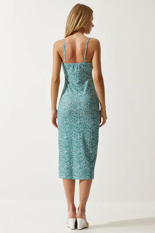 Women's Water Green White Floral Slit Summer Knitted Dress CI00029-Water Green White - 5