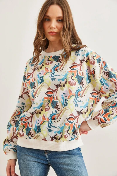 Women's Watercolor Ecru Basic Soft Textured Loose Sweatshirt SWT-19000457 - 1