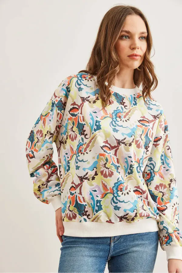 Women's Watercolor Ecru Basic Soft Textured Loose Sweatshirt SWT-19000457 - 3