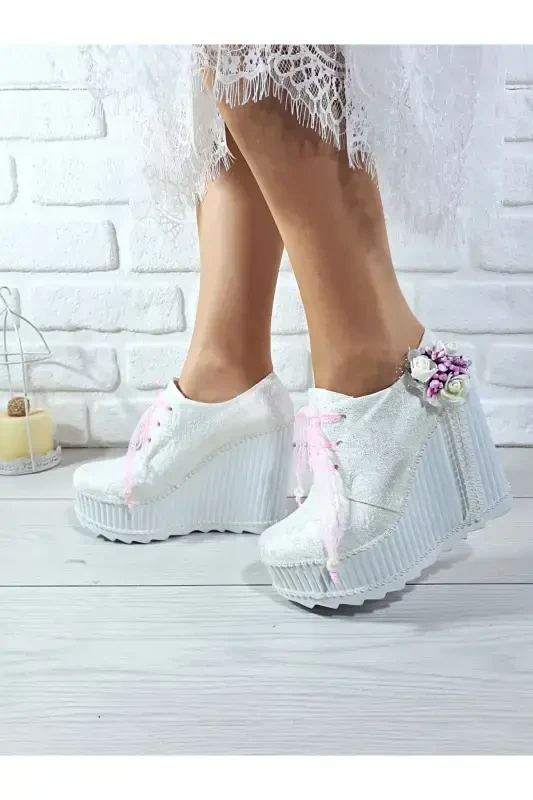 Women's Wedge Heel Pink Rose Wedding Engagement Shoe-White - 3