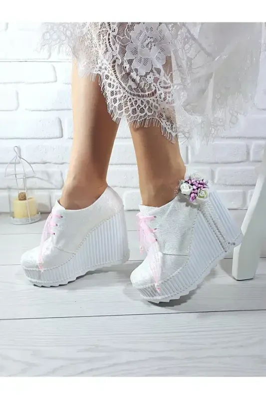 Women's Wedge Heel Pink Rose Wedding Engagement Shoe-White - 4