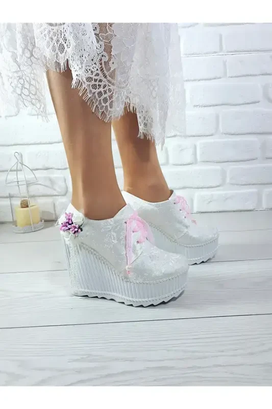 Women's Wedge Heel Pink Rose Wedding Engagement Shoe-White - 5