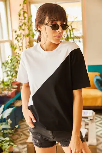 Women's White Asymmetric Blocked T-shirt TSH-19000350- - OLALOOK (1)