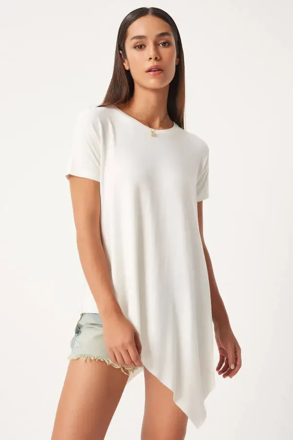 Women's White Asymmetrical Viscose Knitted T-shirt EN00599 - 2