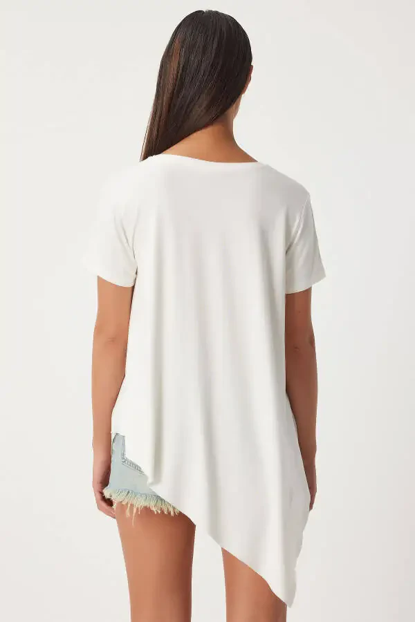 Women's White Asymmetrical Viscose Knitted T-shirt EN00599 - 4