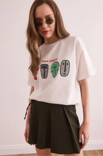 Women's White Aztec Figure Relaxed Fit 2 Rope T-Shirt - 3