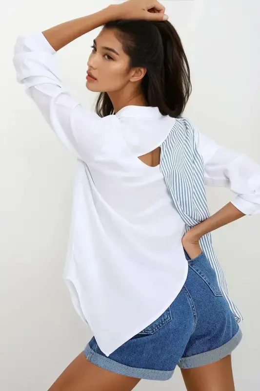 Women's White Backless Asymmetrical Cut Woven Shirt ALC-X6472 - 1