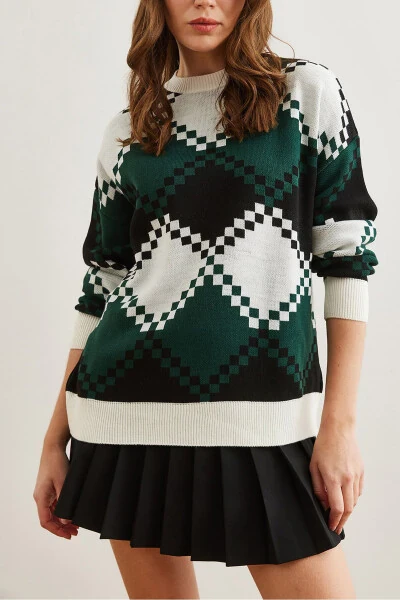 Women's White Baklava Patterned Oversized Knit Sweater KZK-19000834 - OLALOOK (1)