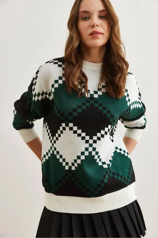 Women's White Baklava Patterned Oversized Knit Sweater KZK-19000834 - 5