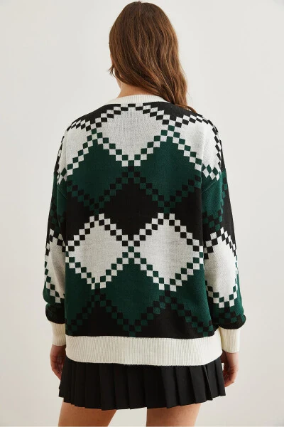 Women's White Baklava Patterned Oversized Knit Sweater KZK-19000834 - 7