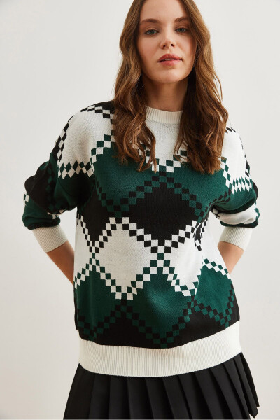 Women's White Baklava Patterned Oversized Knit Sweater KZK-19000834 - 5