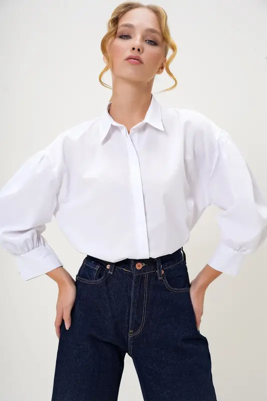 Women's White Balloon Sleeve Hidden Button Basic Poplin Shirt ALC-X9654 - 1